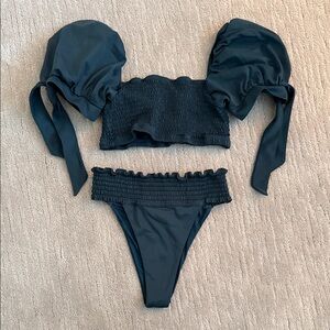 Agua Bendita Dark Teal Smocked Two-Piece Bikini (top - L, bottom - M)